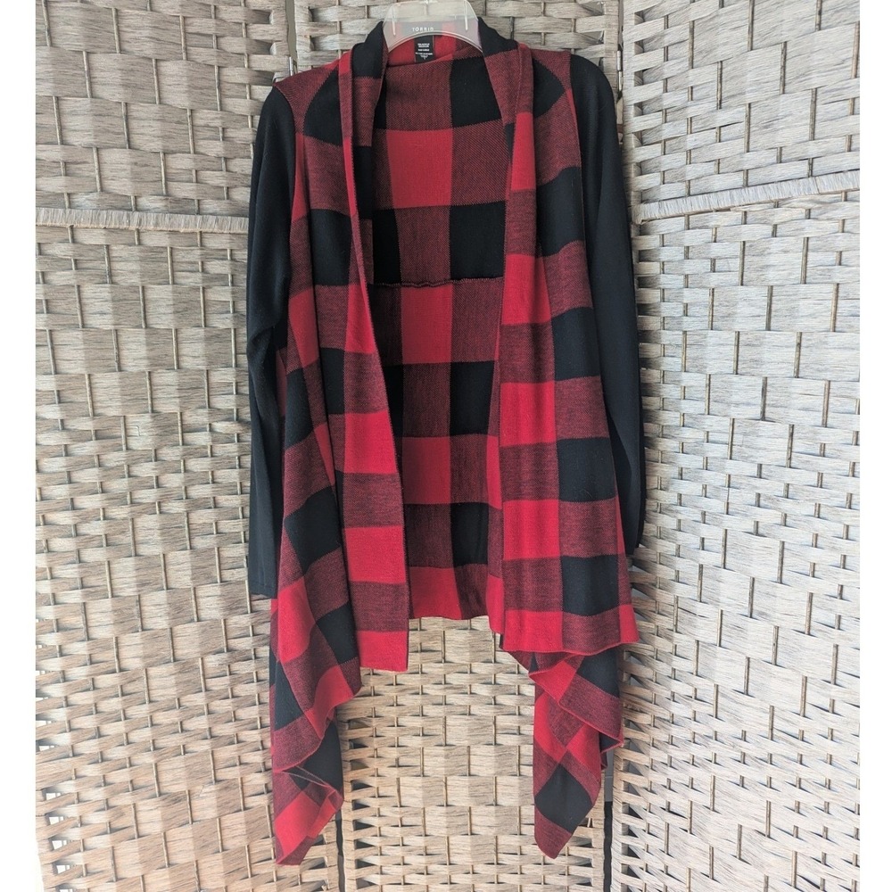 Torrid Cardigan Red Black Buffalo Plaid Open Front Waterfall 1X Cabin Layering